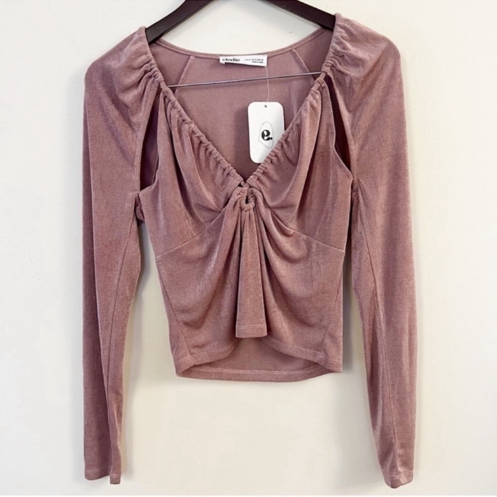 Elodie Mauve Pink Metallic Long Sleeve Cut out Blouse V-Neck Keyhole XL New